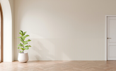 Fototapeta premium Interior empty white wall with Fiddle fig plant, wooden herringbone parquet floor, 3D illustration.