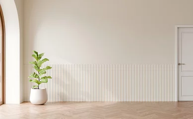Türaufkleber Interior empty white wall with Fiddle fig plant, wooden herringbone parquet floor, 3D illustration. © Washdog