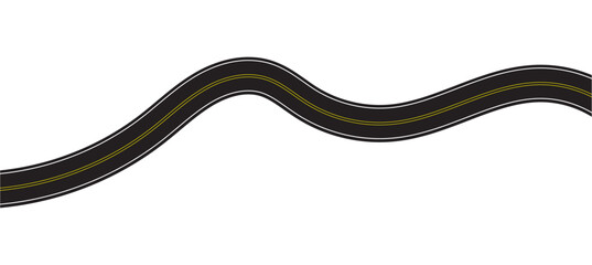 Empty winding asphalt road with marking. Horizontal aerial view. Seamless highway template. Element of street roadway isolated on white background in eps 10.