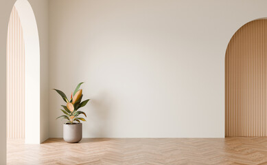 Blank white wall with rubber tree plant, Wood cladding panel, Wood herringbone parquet floor, 3D illustration. - obrazy, fototapety, plakaty