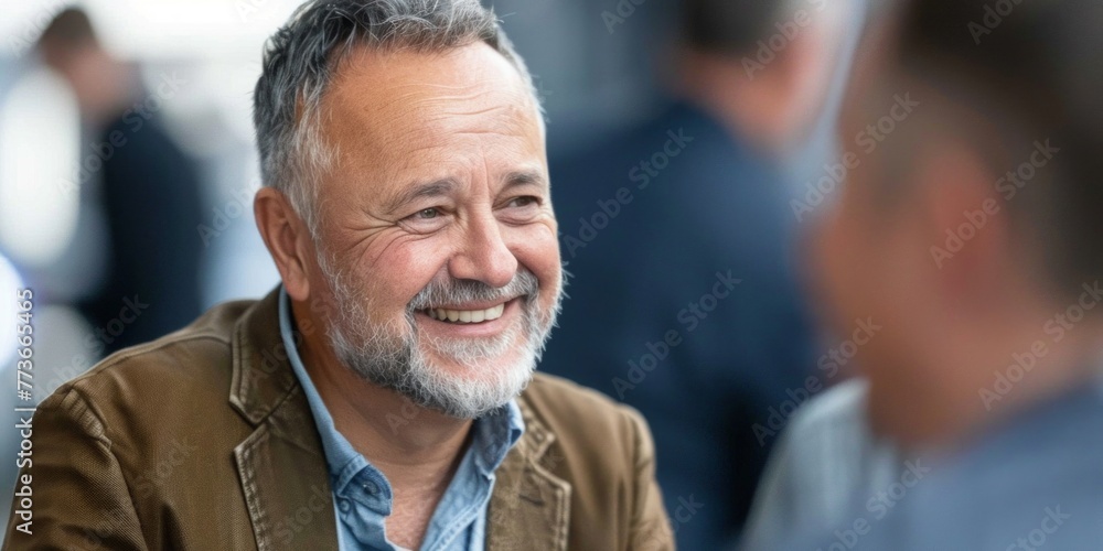 Aufkleber a bearded man is smiling at another man at a businessman networking event, fostering a positive conn