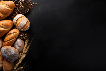 Zelfklevend Fotobehang An elegant spread of various breads and baked treats, highlighted by the contrast against a dark, textured surface. Generative AI © Breyenaiimages