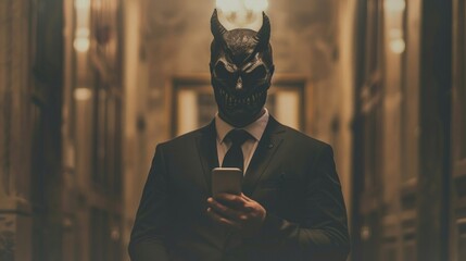 A man in a suit and mask taking a selfie with a mythical demon figure