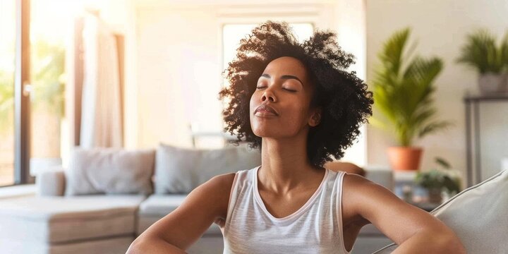 A woman is seated on a couch with her eyes closed, possibly meditating or relaxing