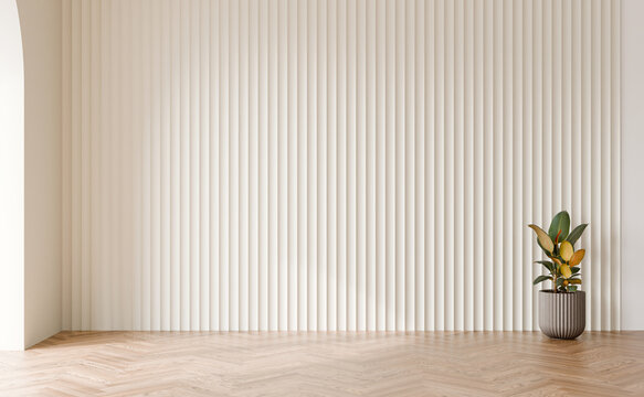 White cladding panel wall with rubber tree plant, Wood floor, Interior 3d illustration.