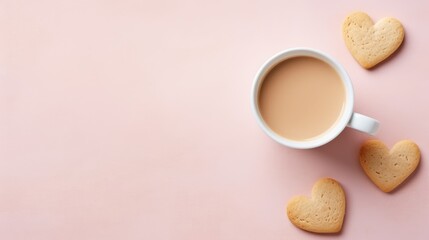Minimalist flat lay of heart-shaped cookies and a small cup of coffee, cup of tea with biscuits - obrazy, fototapety, plakaty