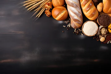 Photo sur Plexiglas Pain An elegant spread of various breads and baked treats, highlighted by the contrast against a dark, textured surface. Generative AI