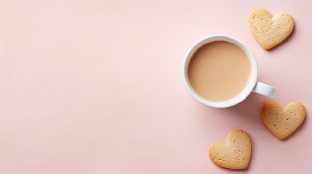 Minimalist flat lay of heart-shaped cookies and a small cup of coffee, cup of tea with biscuits