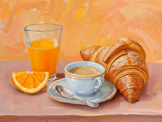 A plate of croissants and an orange sits on a wooden table next to a glass of orange juice.