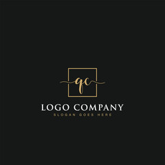 Signature elegant luxurious handwritten Initials letters QC linked inside square line box vector logo designs inspirations in gold colors for brand, hotel, boutique, jewelry, restaurant or company
