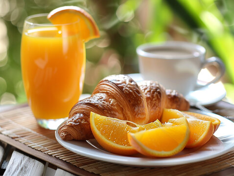 A plate of croissants and an orange sits on a wooden table next to a glass of orange juice.