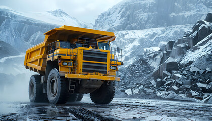 Large quarry dump trucks in coal mine, mining equipment for the transportation of minerals