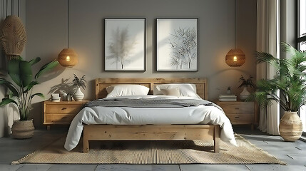 Modern Nordic Bedroom: Wood Bed, Cabinets, and Wall Posters Ensemble