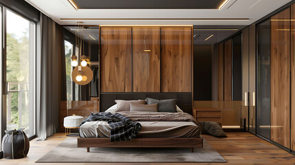Contemporary Bedroom Setting: Wooden Wardrobe with Glossy Sliding Doors in Minimalist Design