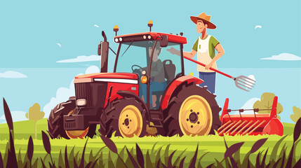 Farmer with fork in the field illustration flat car