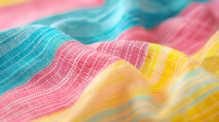 Colorful textured fabric with a rippled pattern in shades of pink, blue, and yellow. - obrazy, fototapety, plakaty