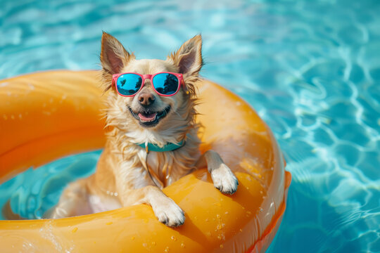 Cute dog relaxing in a summer swimming pool inflatable ring float