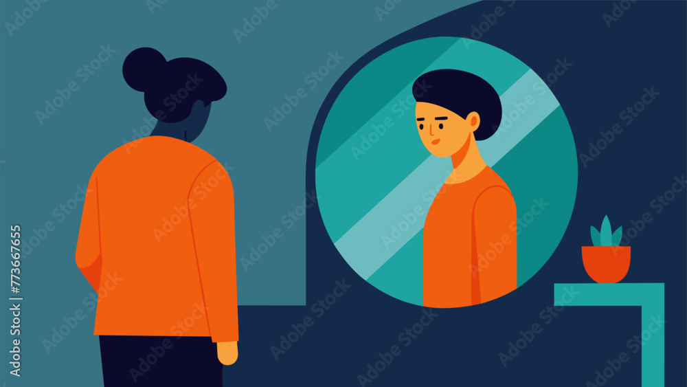 Poster a person standing in front of a mirror staring at their reflection with a look of turmoil representi