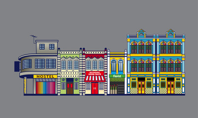 Colorful historical colonial style shop houses street. Vector, with plain color background.
