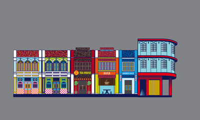 Colorful historical colonial style shop houses street. Vector, with plain color background. Chinese words meaning (from left): tea, coffee shop.
