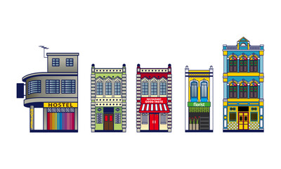 Isolated colorful historical colonial style shop houses. Vector, with plain color background.