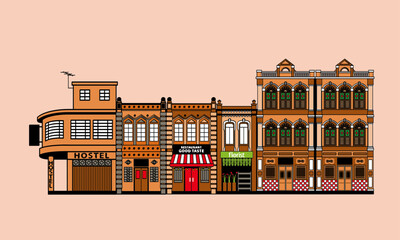 Historical colonial style shop houses street in nostlagia color scheme.  Vector, with plain color background.