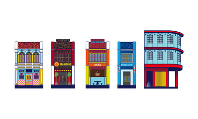 Isolated historical colonial style shop houses in nostlagia color scheme.  Vector, with plain color background. Chinese words meaning (from left): tea, coffee shop.