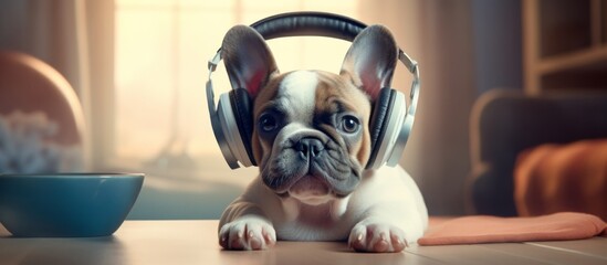 An adorable puppy wearing headphones is sitting on a table next to a bowl of food, looking curious and hungry