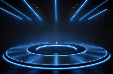 Futuristic scene and showcase room with blue purple circle neon podium and a round neon lamp. 3D space with empty stage. Dark Futuristic room with podium, light effect, glare, reflection and glow.	
