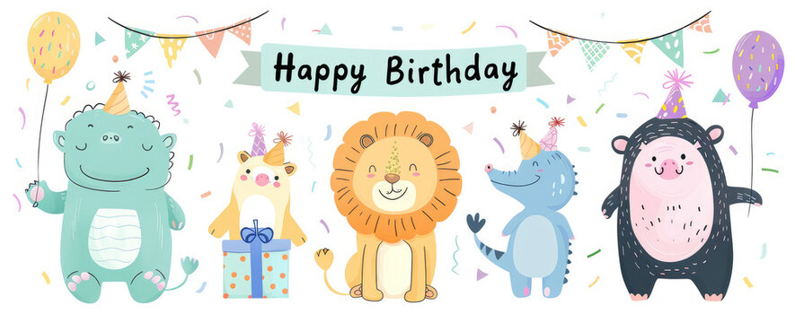 Set of cute cartoon animals with birthday gifts, balloons and text "Happy Birthday" on white background.