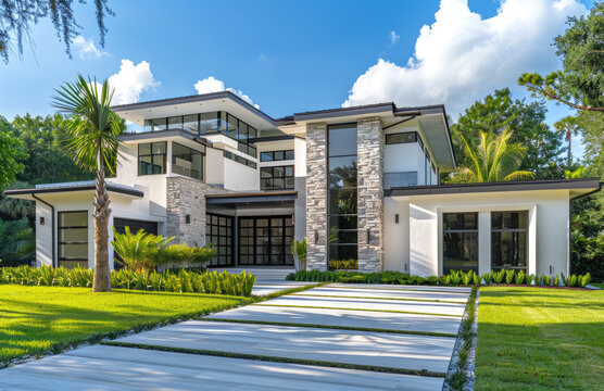 White modern home with stone accents, large front yard and palm trees