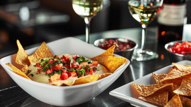 A bowl filled with crispy golden nacho chips placed next to a bowl of rich and tangy salsa