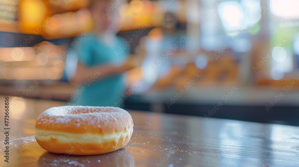Poster A donut is placed on a counter inside a store. Blurry boy in the background