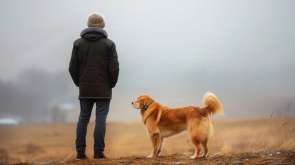 A man standing next to a brown dog on a field