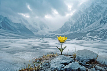 A Beacon of Resilience: A Solitary Flower Blooming in the High Mountains, Symbolizing the Strength and Beauty of Life Amidst Snow and Harsh Conditions - obrazy, fototapety, plakaty