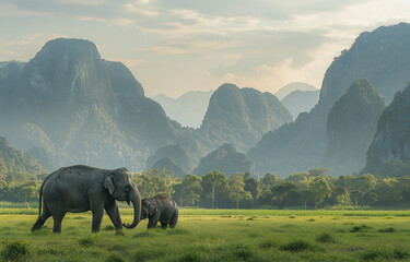 Two elephants in the grasslands of Sri Lanka. A mother elephant is playing with her baby while standing on lush green vegetation, surrounded by distant mountains and trees - Powered by Adobe