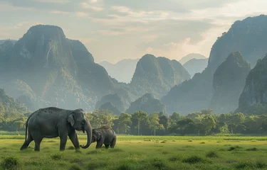 Foto op Canvas Two elephants in the grasslands of Sri Lanka. A mother elephant is playing with her baby while standing on lush green vegetation, surrounded by distant mountains and trees © Kien