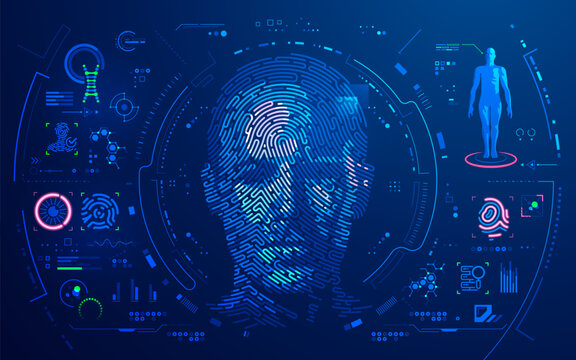 concept of digital forensic or biometrics, graphic of man face combined with fingerprint pattern and futuristic interface