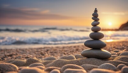 Zen Stack Stone on Sea Sand Beach with Sunset