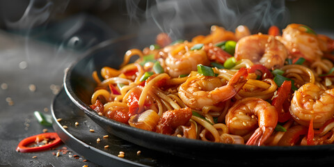 A bowl of shrimp with vegetables and sauce 