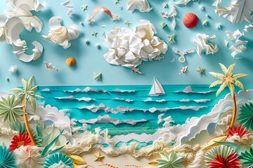 Fototapeta na wymiar Paper textured background depicting tropical surroundings 