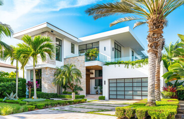 Fototapeta na wymiar White modern home with stone accents, large front yard and palm trees