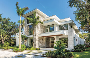 Fototapeta na wymiar White modern home with stone accents, large front yard and palm trees