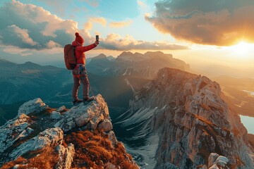 Person seen standing on peak and taking a selfie - obrazy, fototapety, plakaty