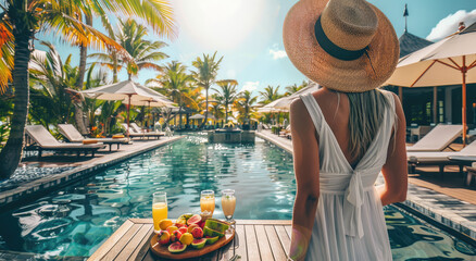 A woman in white dress and straw hat stands at the table with food by poolside of luxury hotel...