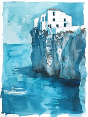 Watercolor painting showcasing a house situated on a cliff edge, overlooking the sea below