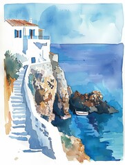 A watercolor painting depicting a house perched on a cliff overlooking the ocean, capturing the scenic coastal view