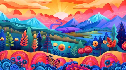 Wall murals Mountains Vibrant Sunset Mountains with Colorful Flora Wallpaper Background