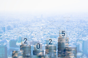 This image is a collage of a cityscape seen from above and an image of rising interest rates. The...