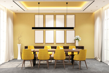 3d rendering interior of dining room with credenza and 8 frames mock up. Cement floor and yellow wall background. Set 6